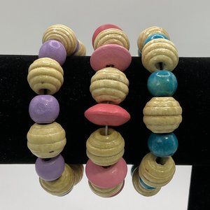 Blonde/Colored Wooden Bead Stretch Bracelets x3